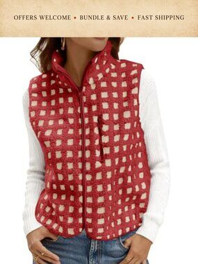 Women's Checkered Sherpa Fleece Zip Up Vest Sleeveless Jacket